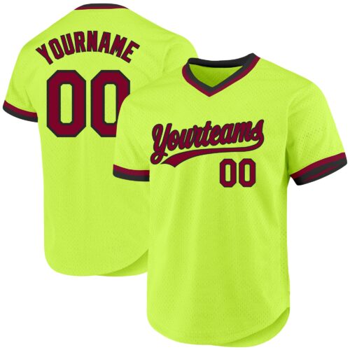 NeonGreen0205 Custom Neon Green Maroon-Black Authentic Throwback Baseball Jersey