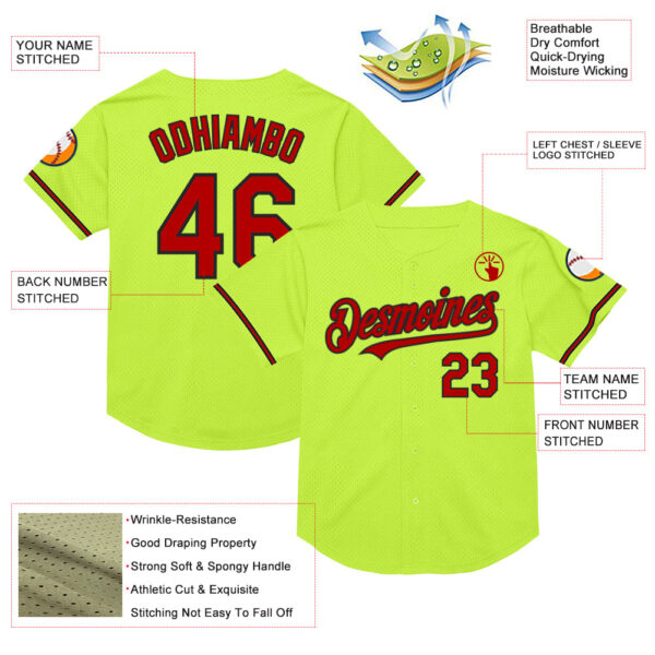 Custom Neon Green Red-Black Mesh Authentic Throwback Baseball Jersey