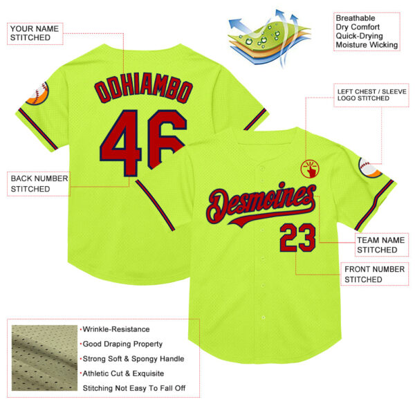 Custom Neon Green Red-Navy Mesh Authentic Throwback Baseball Jersey