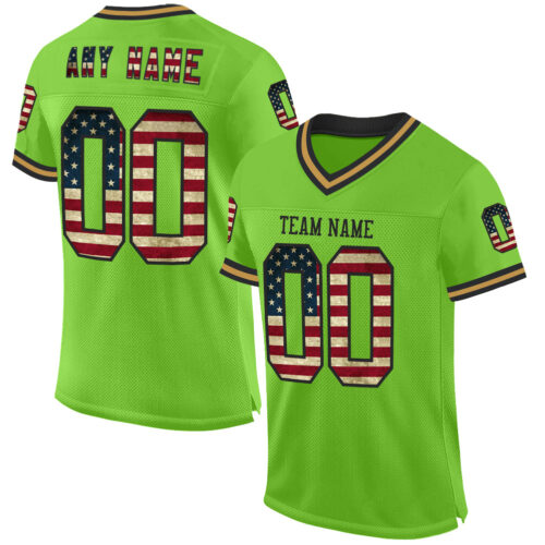 NeonGreen0256 Custom Neon Green Vintage USA Flag Black-Old Gold Mesh Authentic Throwback Football Jersey
