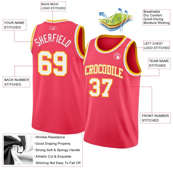 Custom Neon Pink White-Gold Authentic Basketball Jersey