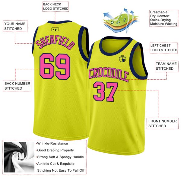 Custom Neon Yellow Pink-Navy Authentic Basketball Jersey