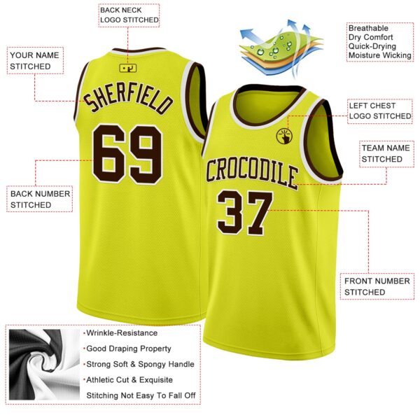 Custom Neon Yellow Brown-White Authentic Basketball Jersey