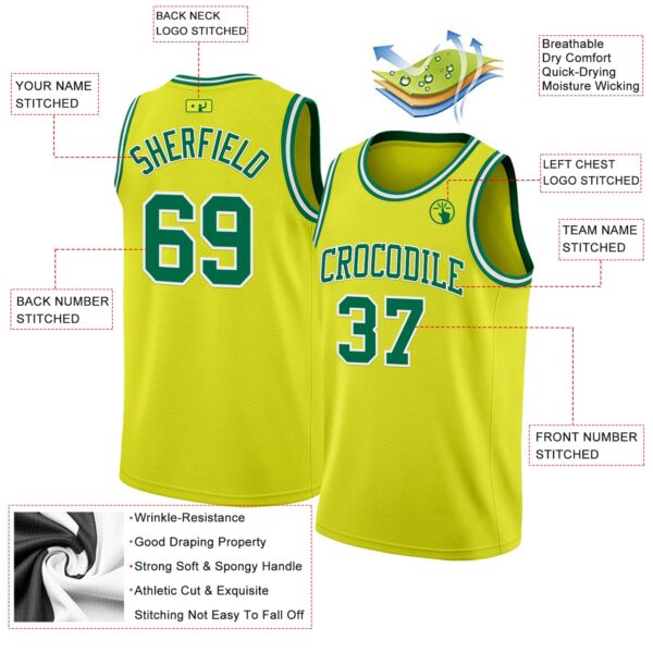 Custom Neon Yellow Kelly Green-White Authentic Basketball Jersey