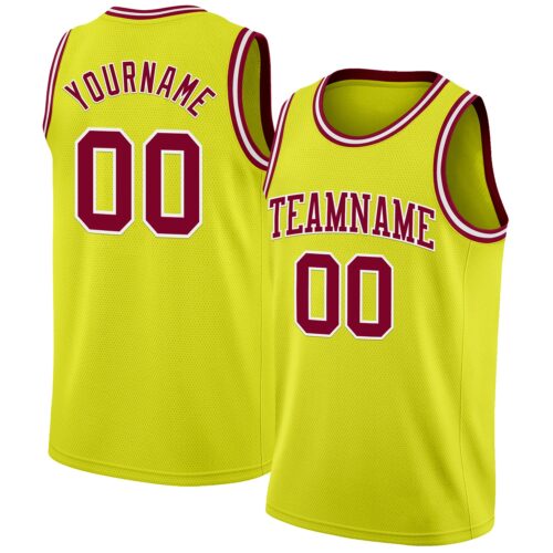 NeonYellow0033 Custom Neon Yellow Maroon-White Authentic Basketball Jersey