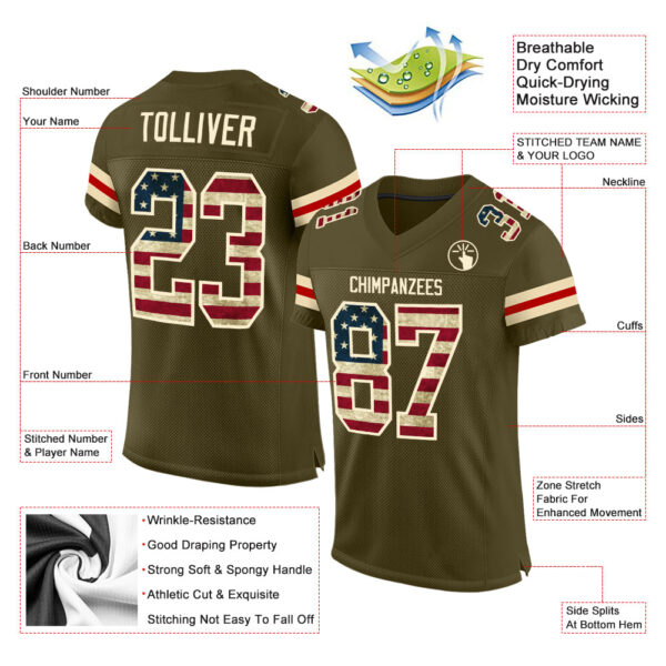 Olive0076-1_37d22ddf-1850-4ea8-86a0-5d3f2fa0d550 Custom Olive Vintage USA Flag-Cream Mesh Authentic Salute To Service Football Jersey