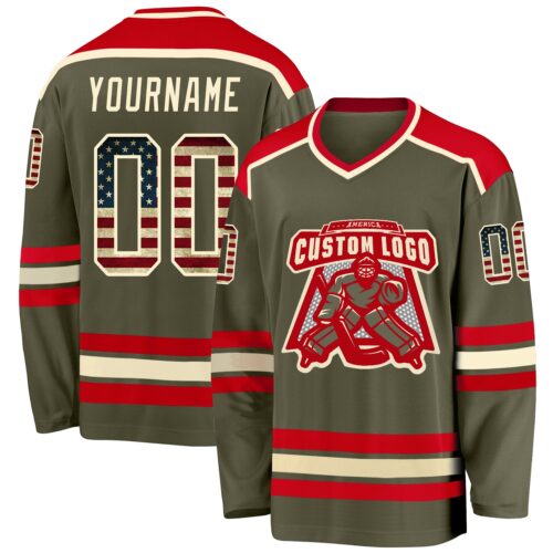 Olive0119 Custom Olive Vintage USA Flag Cream-Red Salute To Service Hockey Jersey