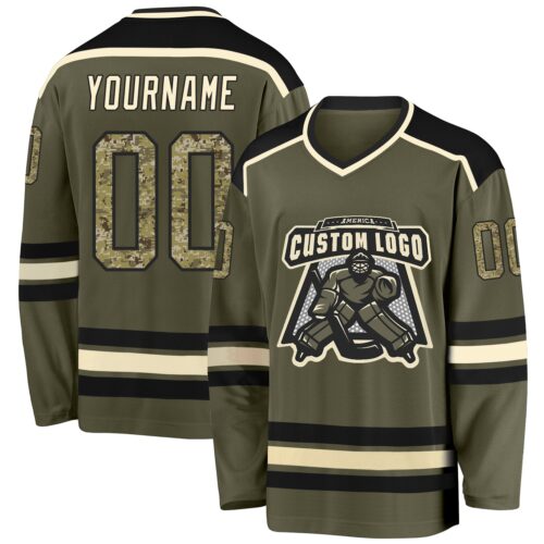Olive0120 Custom Olive Camo Black-Cream Salute To Service Hockey Jersey