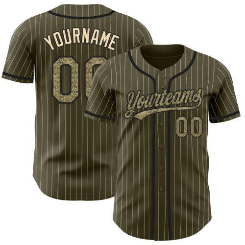 Olive0191 Custom Olive City Cream Pinstripe Camo-Black Authentic Salute To Service Baseball Jersey