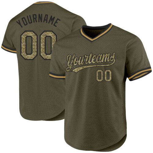 Olive0254 Custom Olive Camo Black-Old Gold Authentic Throwback Salute To Service Baseball Jersey