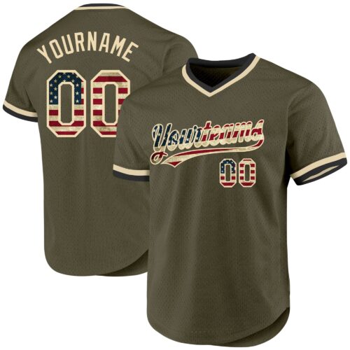 Olive0257 Custom Olive Vintage USA Flag Cream-Black Authentic Throwback Salute To Service Baseball Jersey