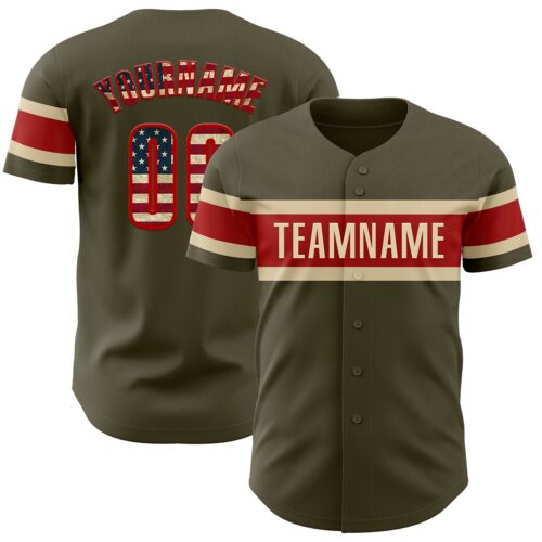 Olive0302 Custom Olive Vintage USA Flag Red-Cream Authentic Salute To Service Baseball Jersey