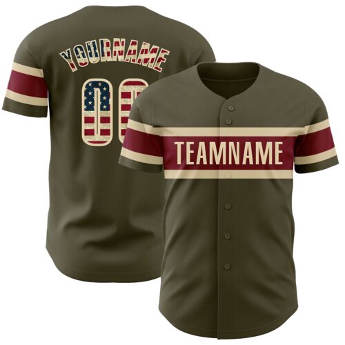 Olive0305 Custom Olive Vintage USA Flag Cream-Crimson Authentic Salute To Service Baseball Jersey
