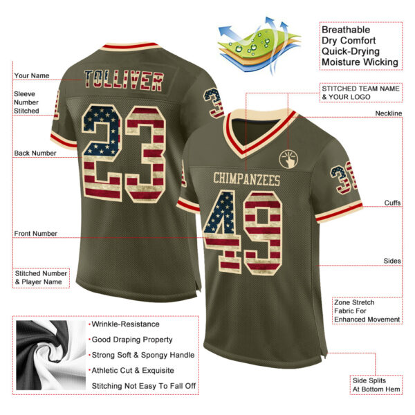Olive0322-1 Custom Olive Vintage USA Flag Cream-Red Mesh Authentic Throwback Salute To Service Football Jersey