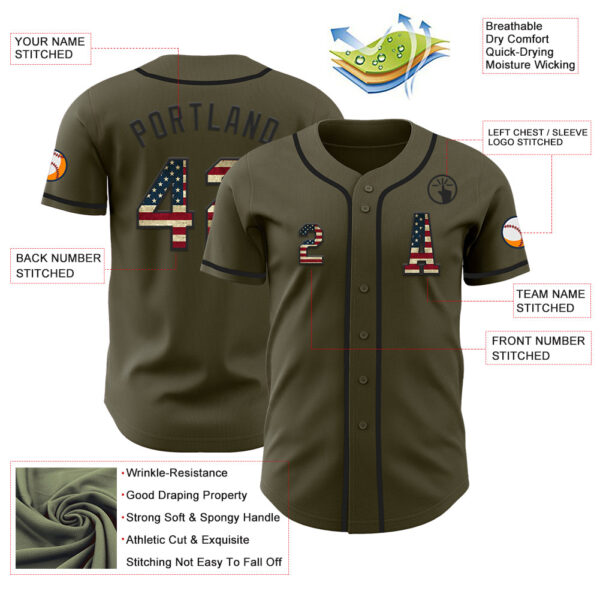 Custom Olive Vintage USA Flag-Black Authentic Salute To Service Baseball Jersey