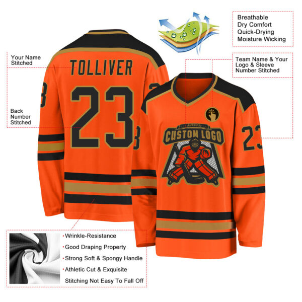 Custom Orange Black-Old Gold Hockey Jersey