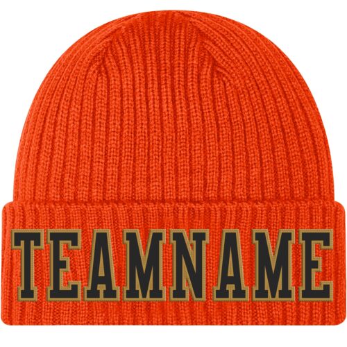 Orange0256 Custom Orange Black-Old Gold Stitched Cuffed Knit Hat