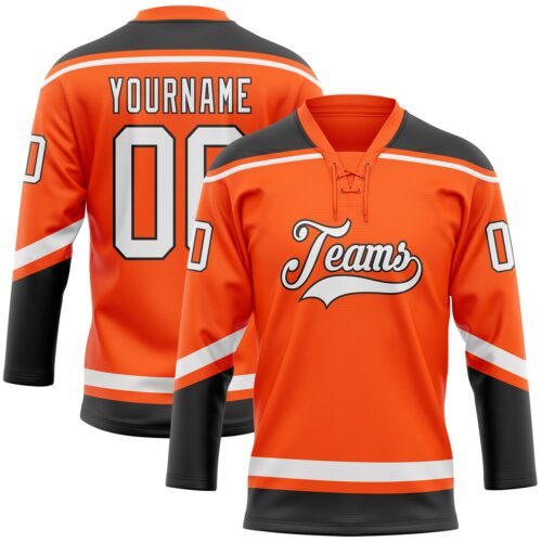 Orange0367 Custom Orange White-Black Hockey Lace Neck Jersey
