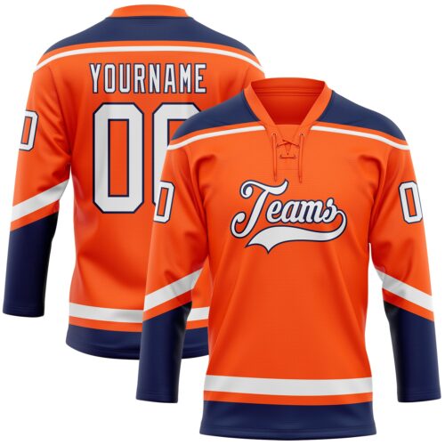 Orange0368 Custom Orange White-Navy Hockey Lace Neck Jersey