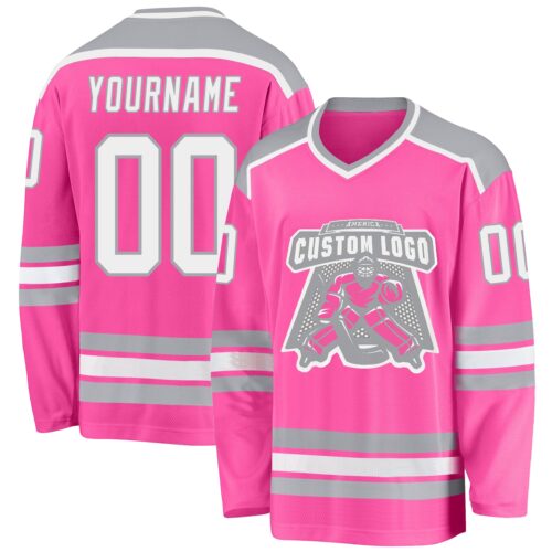 Pink0163 Custom Pink White-Gray Hockey Jersey
