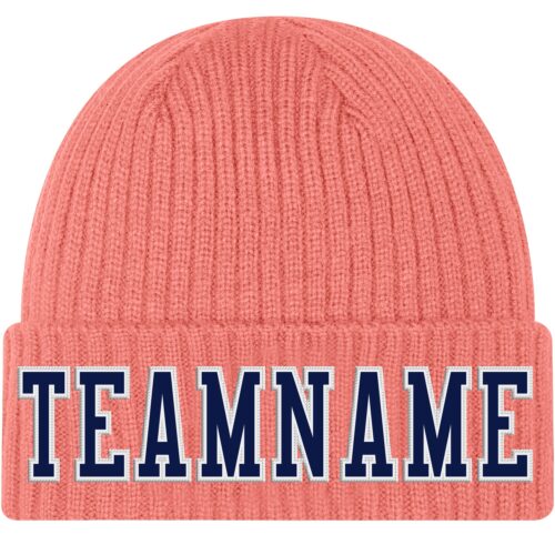 Pink0179 Custom Pink Navy-White Stitched Cuffed Knit Hat
