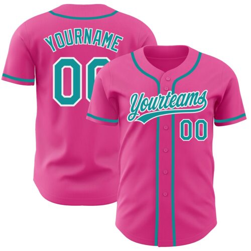 Pink0215 Custom Pink Teal-White Authentic Baseball Jersey