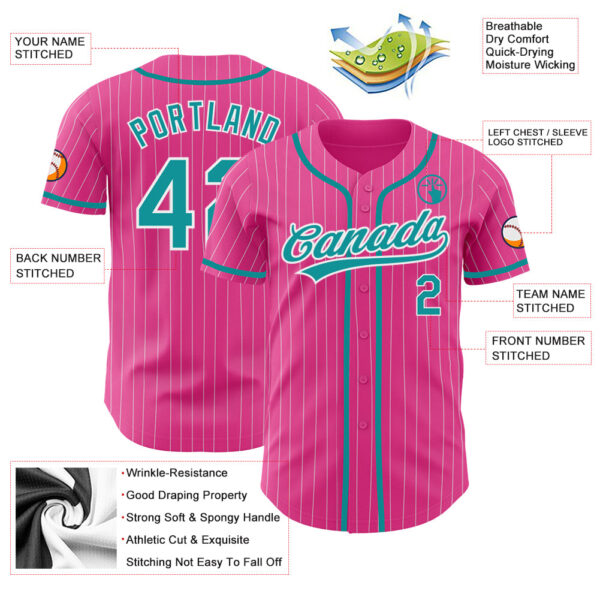 Custom Pink White Pinstripe Teal Authentic Baseball Jersey
