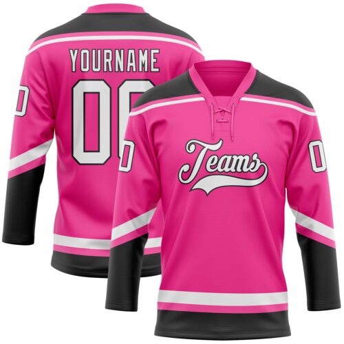 Pink0285 Custom Pink White-Black Hockey Lace Neck Jersey