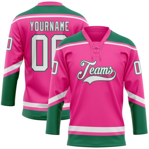 Pink0288 Custom Pink White-Kelly Green Hockey Lace Neck Jersey