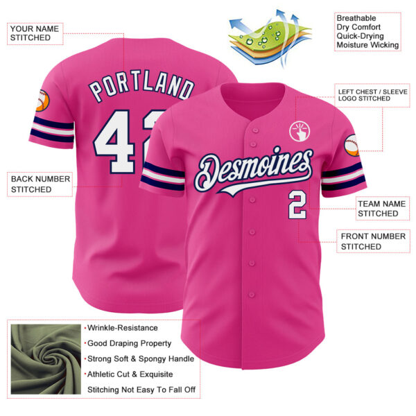 Custom Pink White-Navy Authentic Baseball Jersey