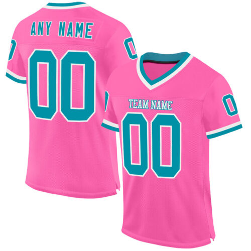 Pink0366 Custom Pink Teal-White Mesh Authentic Throwback Football Jersey