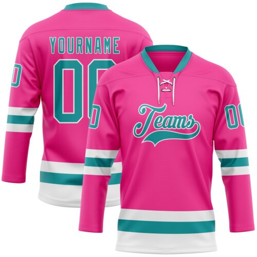 Pink0388 Custom Pink Teal-White Hockey Lace Neck Jersey
