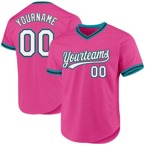 Pink0396 Custom Pink Black-Teal Authentic Throwback Baseball Jersey