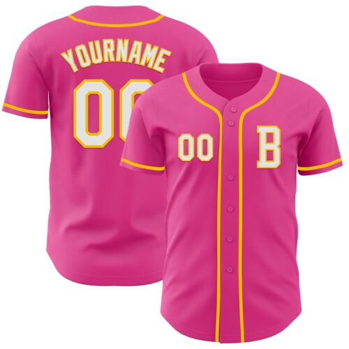 Custom Pink White-Yellow Authentic Baseball Jersey