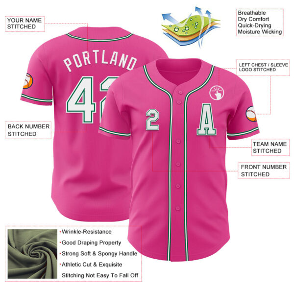 Custom Pink White-Kelly Green Authentic Baseball Jersey