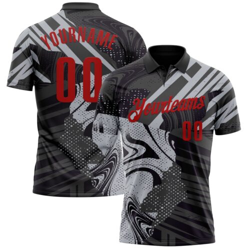 Polo1064 Custom Black Red-Gray 3D Bowling Abstract Grunge Art Performance Polo Shirt