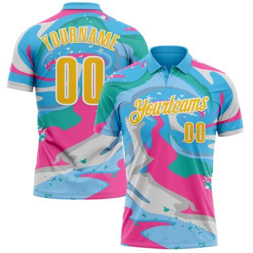 Polo1083 Custom Sky Blue Yellow Pink-Aqua 3D Bowling Splash Ink Performance Polo Shirt