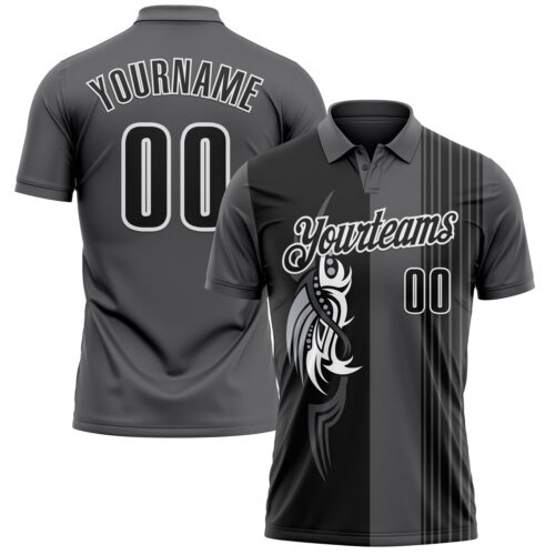 Polo1103 Custom Steel Gray Black-White 3D Bowling Tattoos Performance Polo Shirt