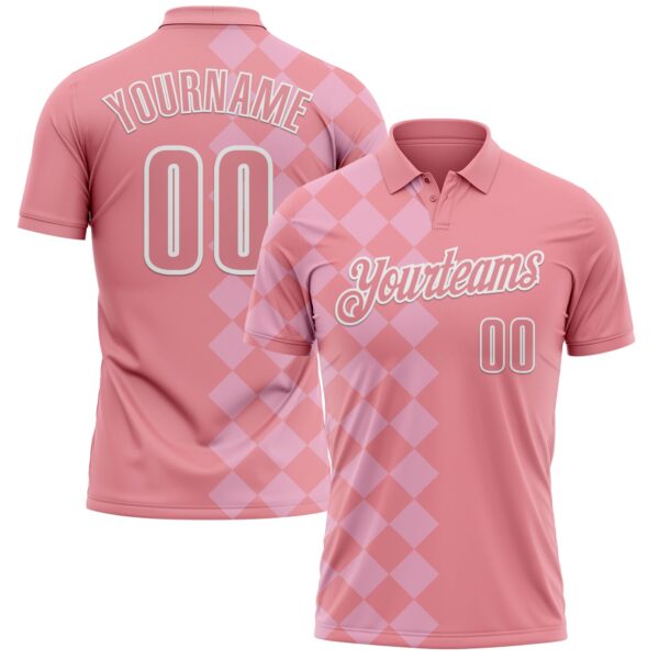 Custom Medium Pink Light Pink-White 3D Bowling Geometric Square Shape Performance Polo Shirt