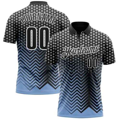 Polo1145 Custom Black Light Blue-Gray 3D Bowling Geometric Shape Performance Polo Shirt