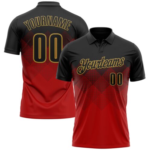 Polo1158 Custom Black Red-Old Gold 3D Pattern Design Gradient Square Shape Performance Polo Shirt