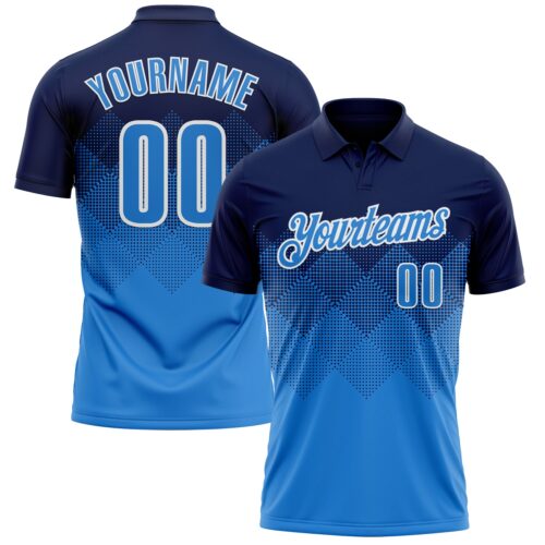 Polo1165 Custom Navy Powder Blue-White 3D Pattern Design Gradient Square Shape Performance Polo Shirt