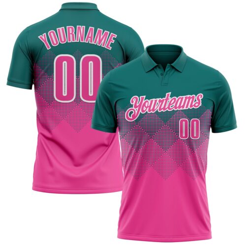 Polo1166 Custom Teal Pink-White 3D Pattern Design Gradient Square Shape Performance Polo Shirt