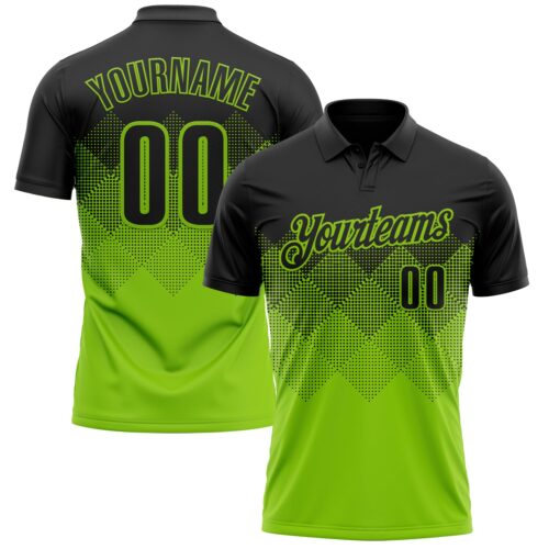 Polo1184 Custom Black Neon Green 3D Pattern Design Gradient Square Shape Performance Polo Shirt