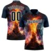 Custom Navy Black-White 3D Bowling Burning Flame Performance Polo Shirt