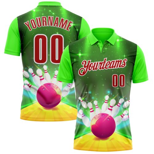 Polo1203 Custom Green Red-White 3D Bowling Bright Star Performance Polo Shirt