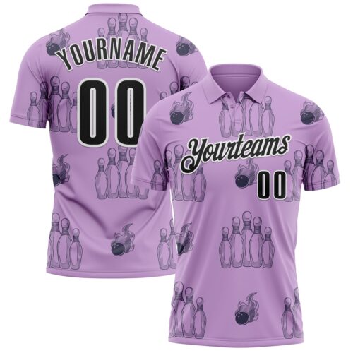 Polo1204 Custom Light Purple Black-White 3D Bowling Flaming Ball Performance Polo Shirt