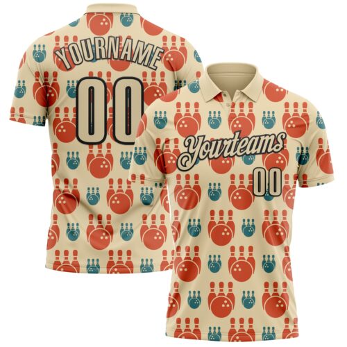 Polo1210 Custom Cream Black 3D Bowling Performance Polo Shirt