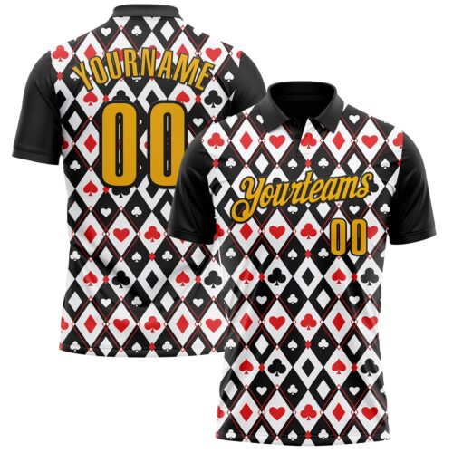 Polo1299 Custom Black Gold-White 3D Gambling Poker Performance Polo Shirt