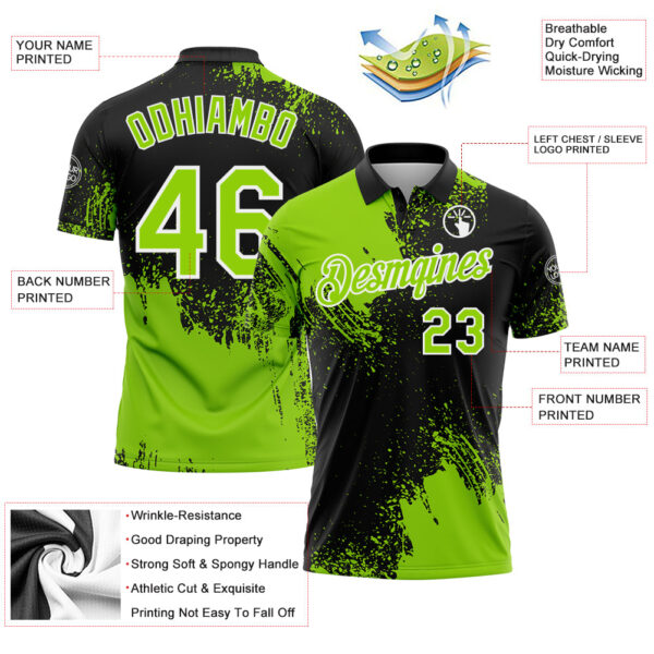 Custom Neon Green Black-White 3D Pattern Design Abstract Brush Stroke Performance Polo Shirt